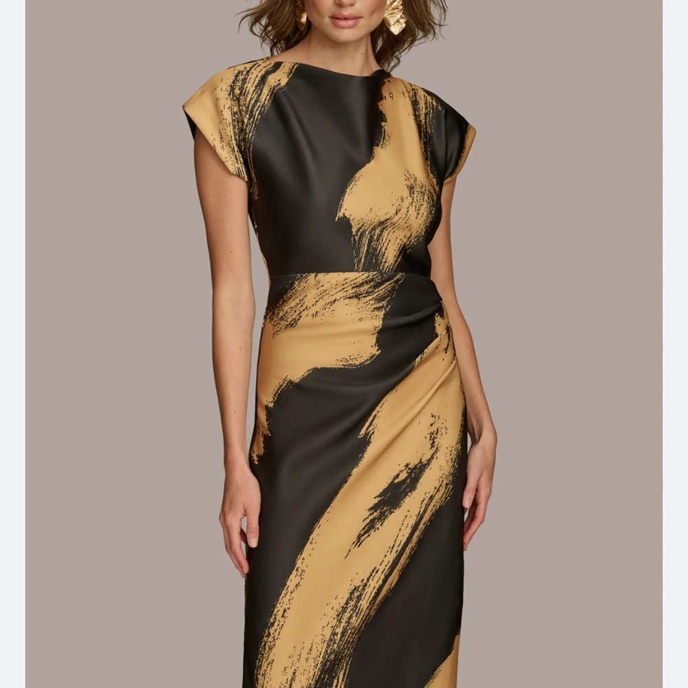 Donna Karan Artistic Black and Tan Midi Dress